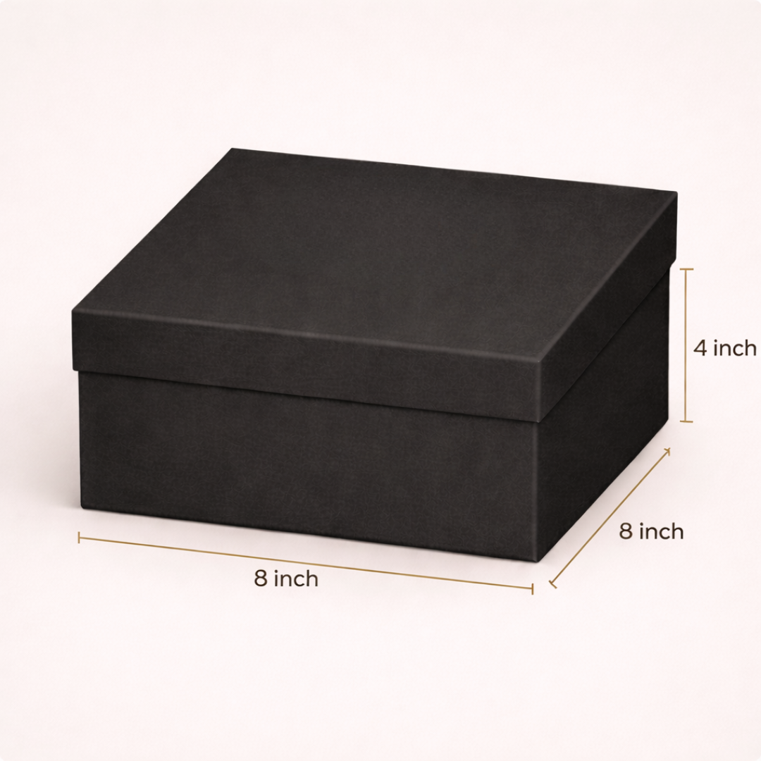 Black rectangular box with dimensions indicated on a white background