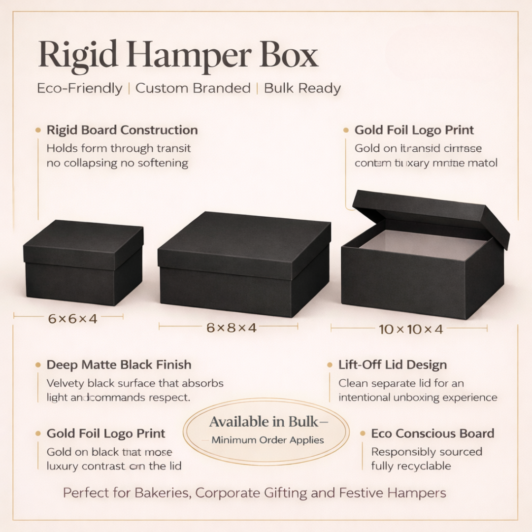 Black rigid hamper boxes with specifications on a beige background