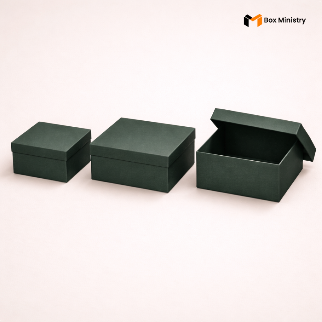 Three green boxes of different sizes on a white background with 'Box Ministry' branding.