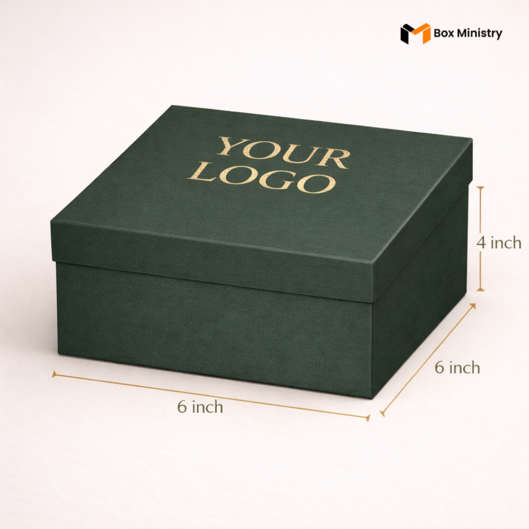 Green box with 'Your Logo' text on a white background, featuring dimensions and Box Ministry branding.