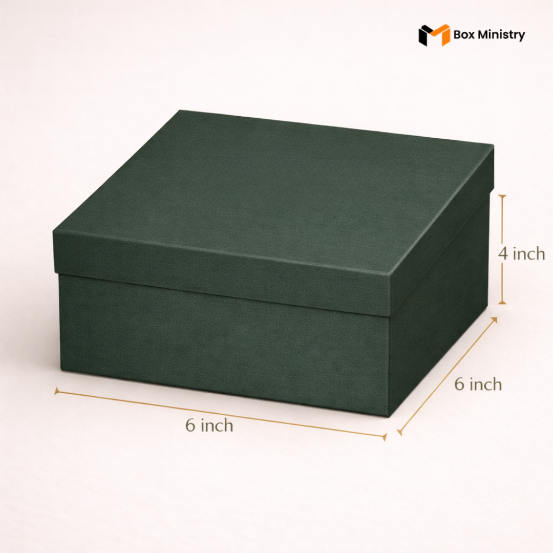 Green box with dimensions on a white background, featuring 'Box Ministry' logo.