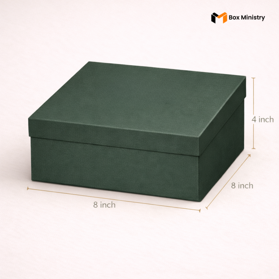 Green box with dimensions on a white background, featuring 'Box Ministry' logo.