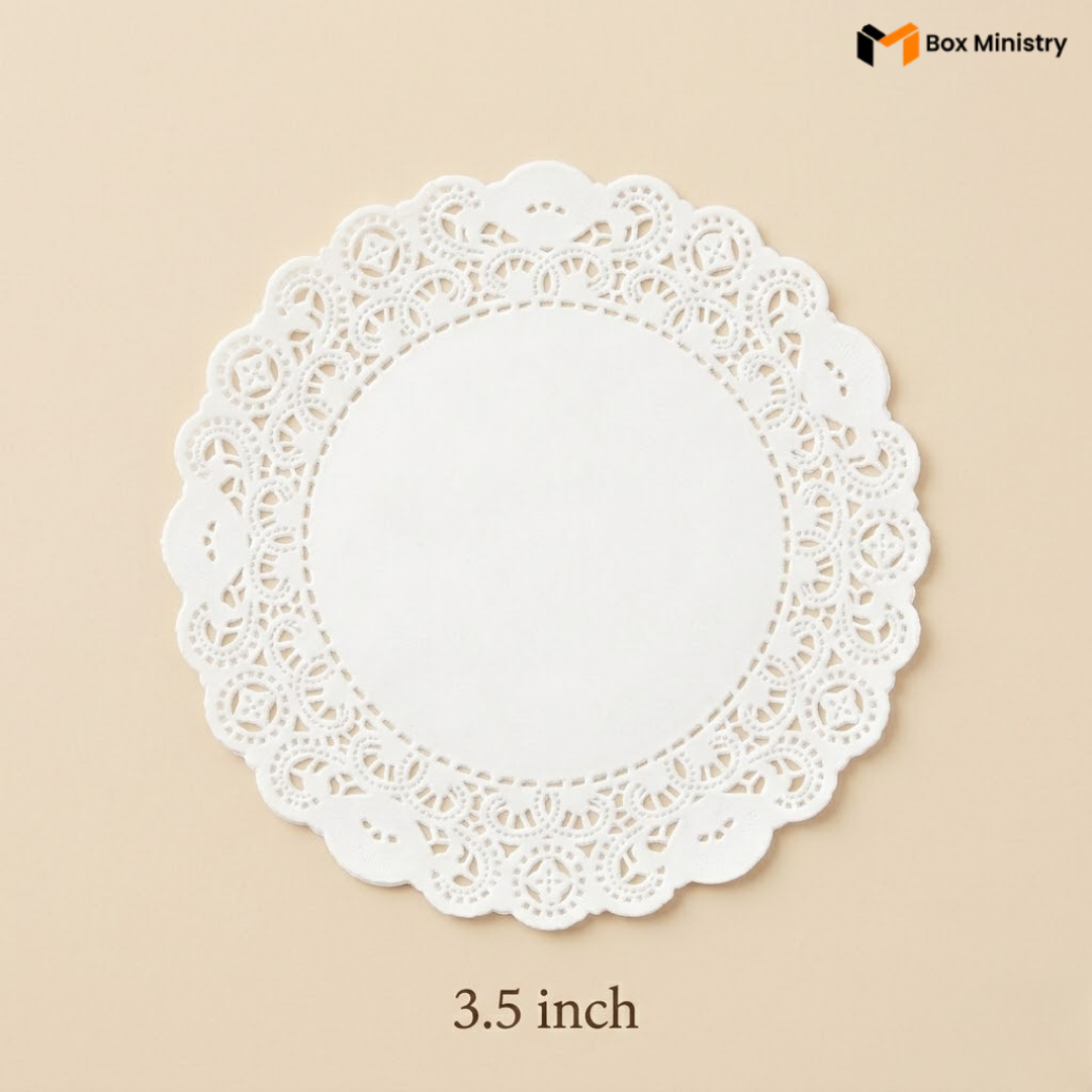 White lace doily on a beige background with 'Box Ministry' branding.