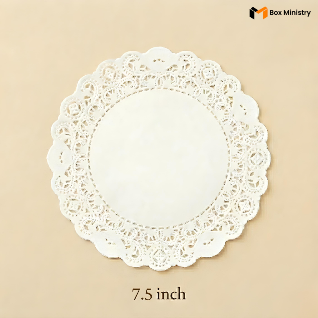 White lace doily on a beige background with 'Box Ministry' branding.