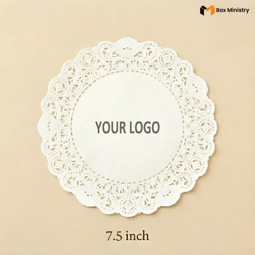 White lace doily with 'Your Logo' placeholder on a beige background, featuring Box Ministry branding.