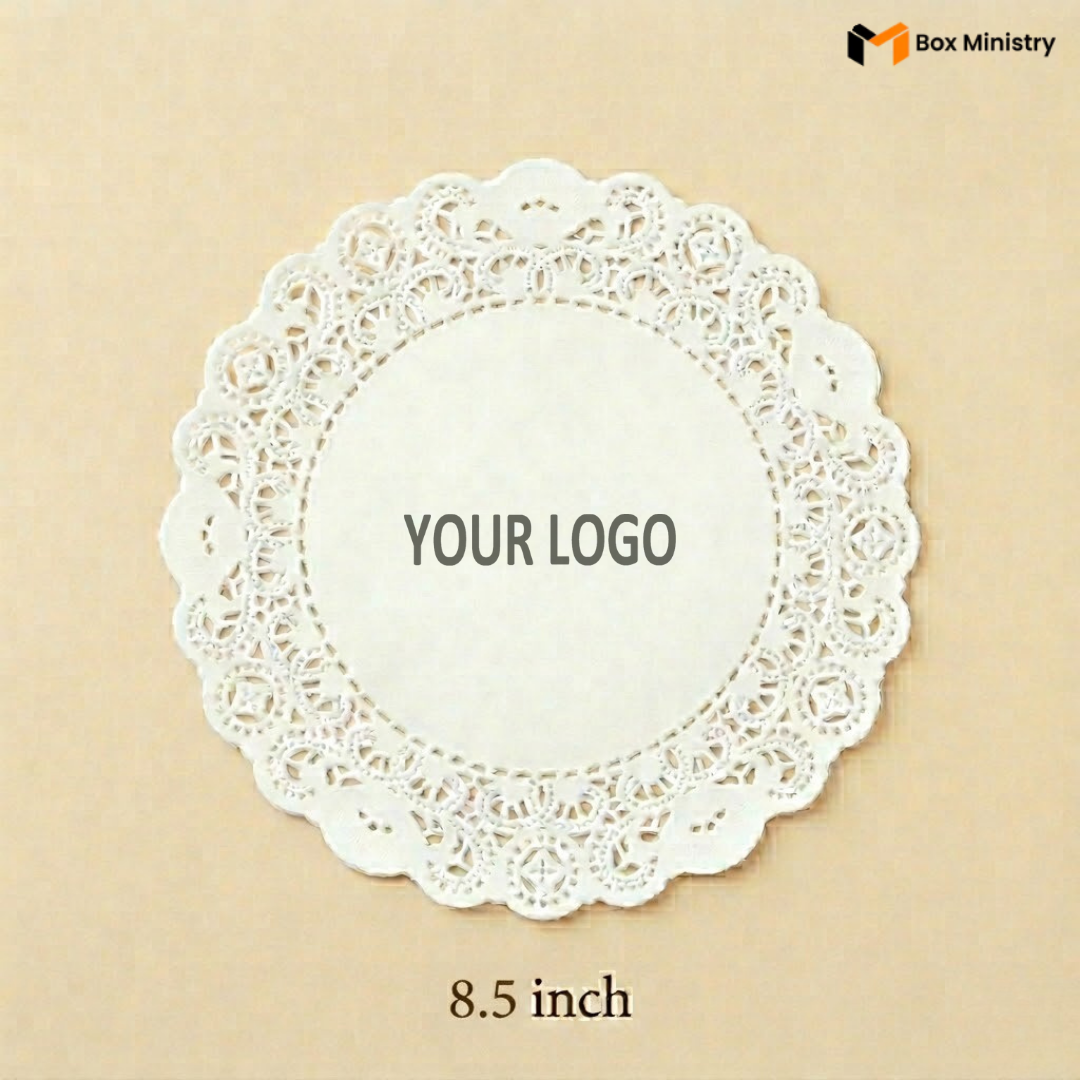 White lace doily with 'Your Logo' placeholder on a beige background, featuring 'Box Ministry' logo.