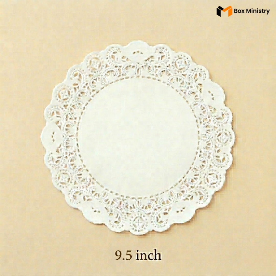 White lace doily on a beige background with 'Box Ministry' branding.