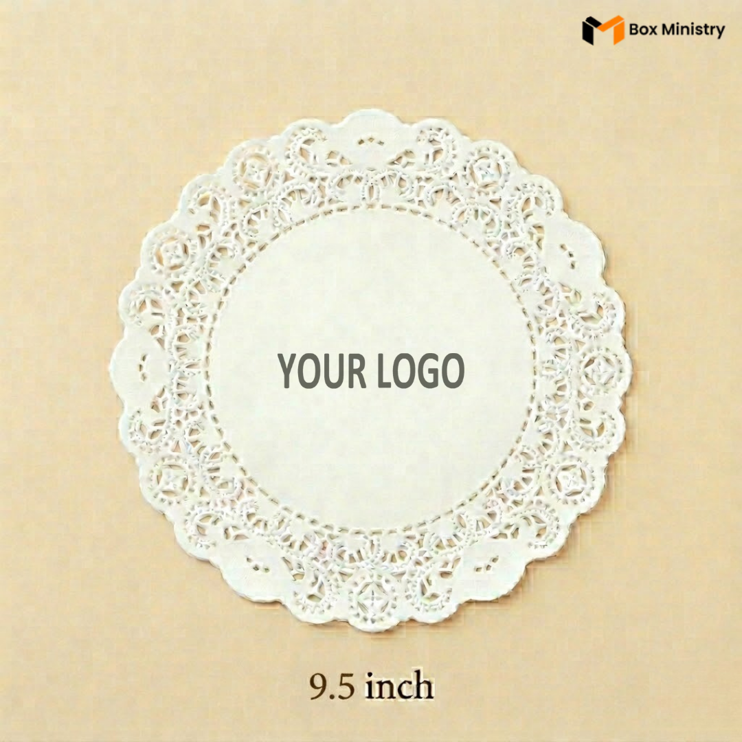 White lace doily with 'Your Logo' placeholder on a beige background