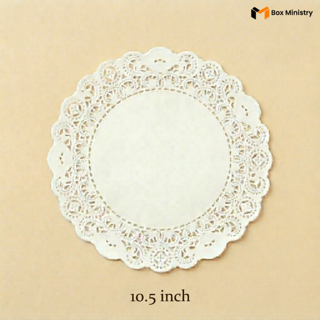 White lace doily on a beige background with 'Box Ministry' branding.