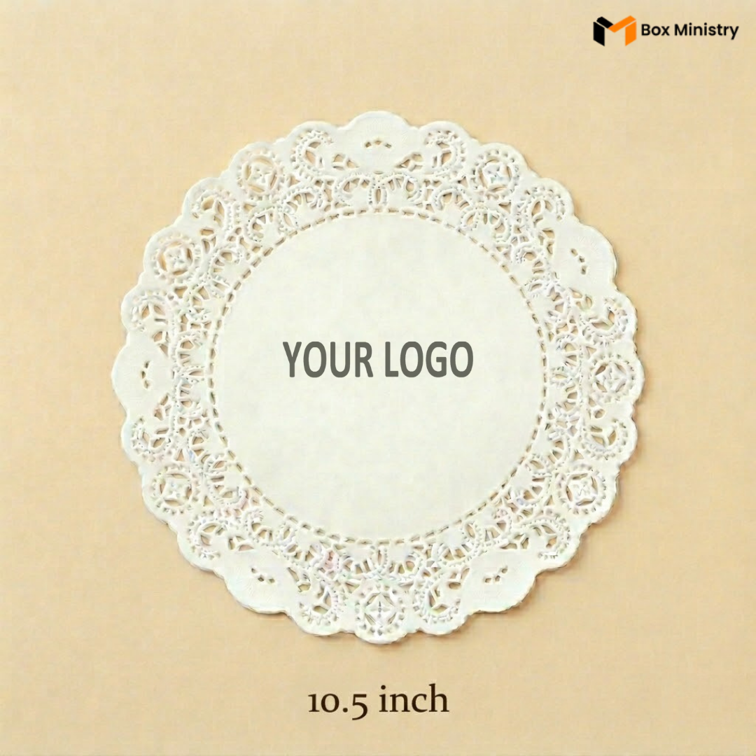 White lace doily with 'Your Logo' placeholder on a beige background, featuring Box Ministry branding.