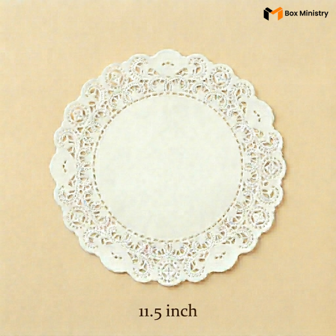 White lace doily on a beige background with 'Box Ministry' branding.
