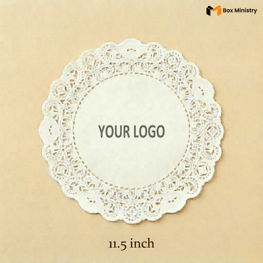 White lace doily with 'Your Logo' placeholder on a beige background, featuring 'Box Ministry' logo.