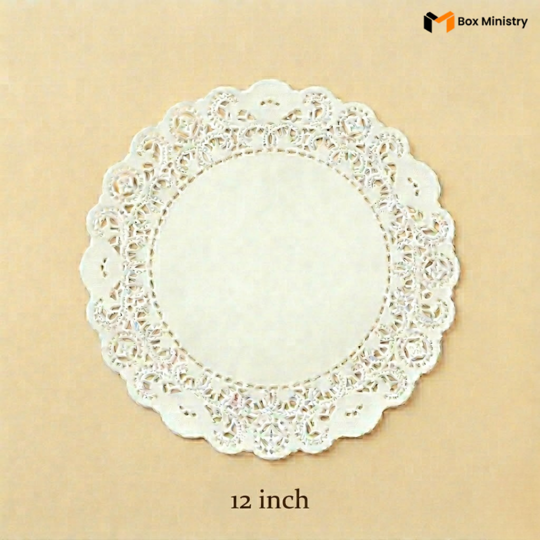 White lace doily on a beige background with 'Box Ministry' branding.