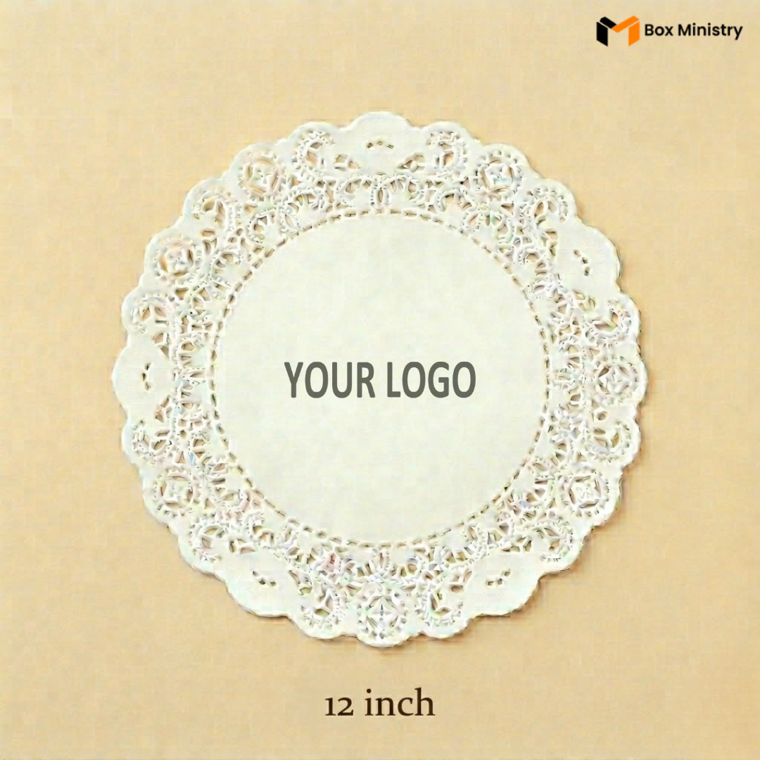 White lace doily with 'Your Logo' placeholder on a beige background, featuring 'Box Ministry' branding.