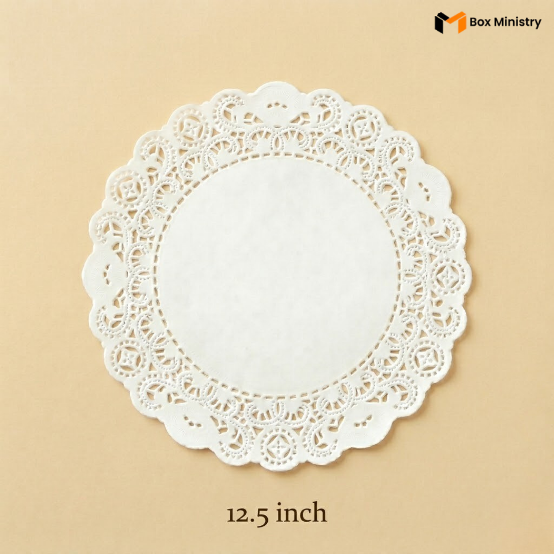 White lace doily on a beige background with 'Box Ministry' branding.