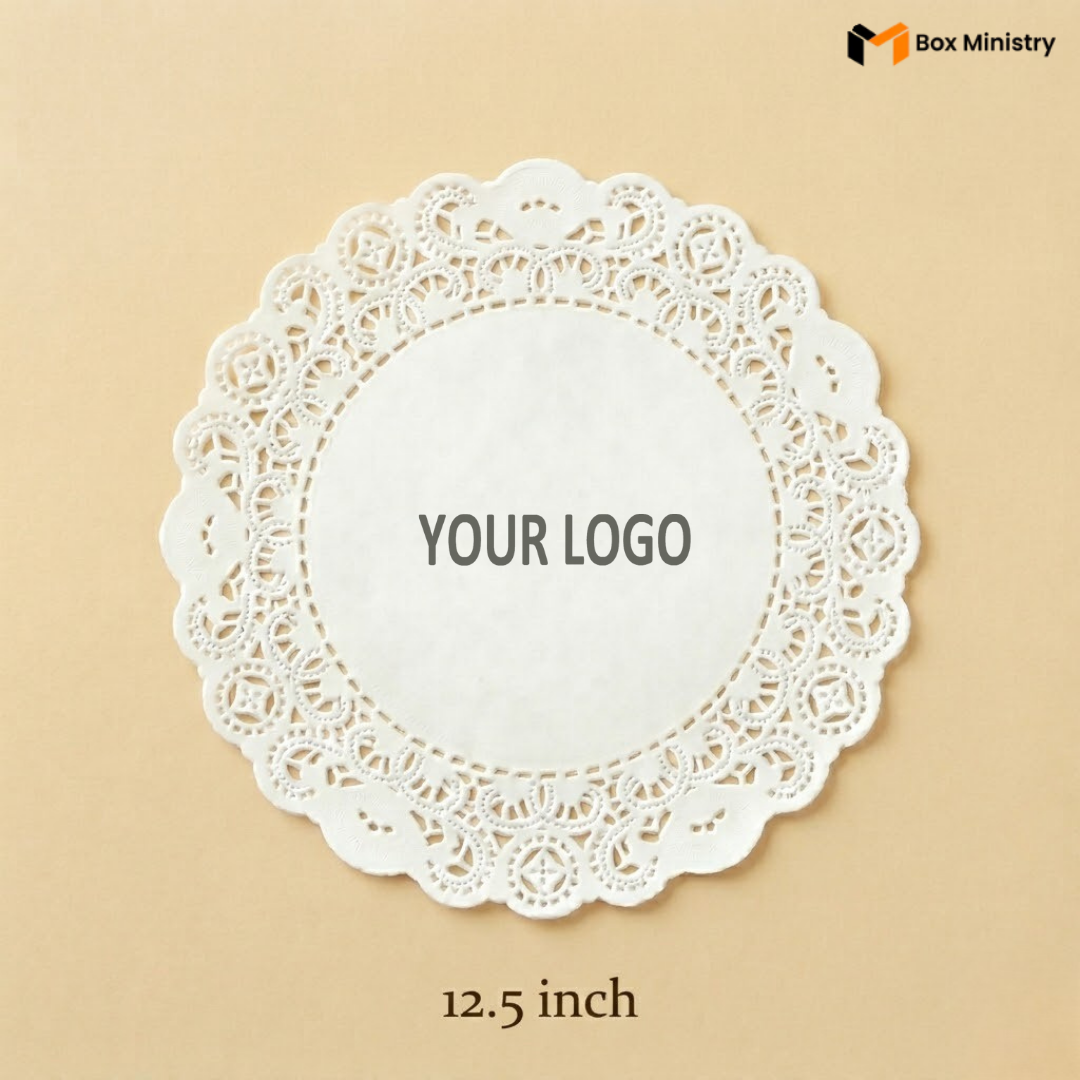 White lace doily with 'Your Logo' placeholder on a beige background, featuring Box Ministry branding.