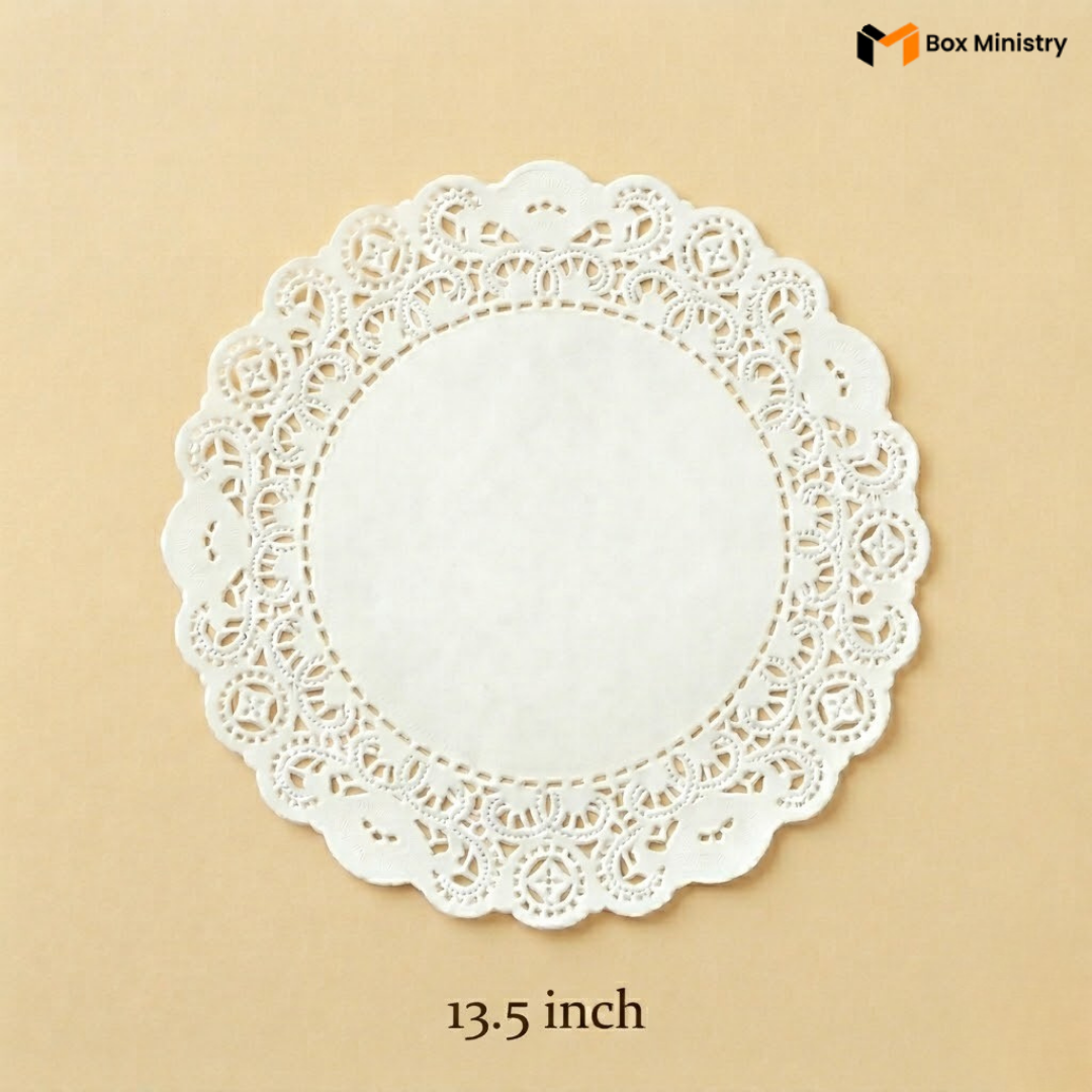 White lace doily on a beige background with 'Box Ministry' branding.