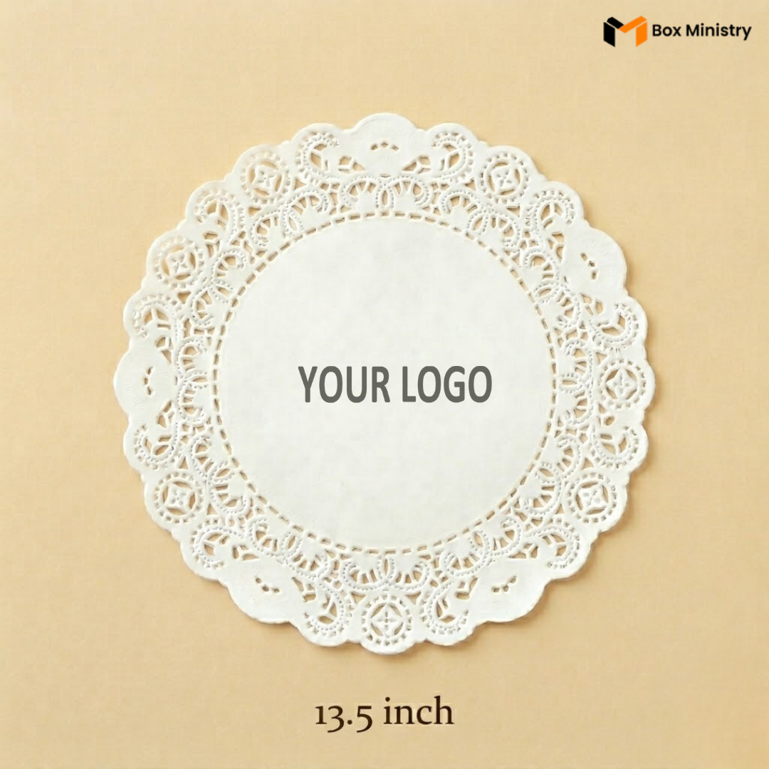 White lace doily with 'Your Logo' placeholder on a beige background