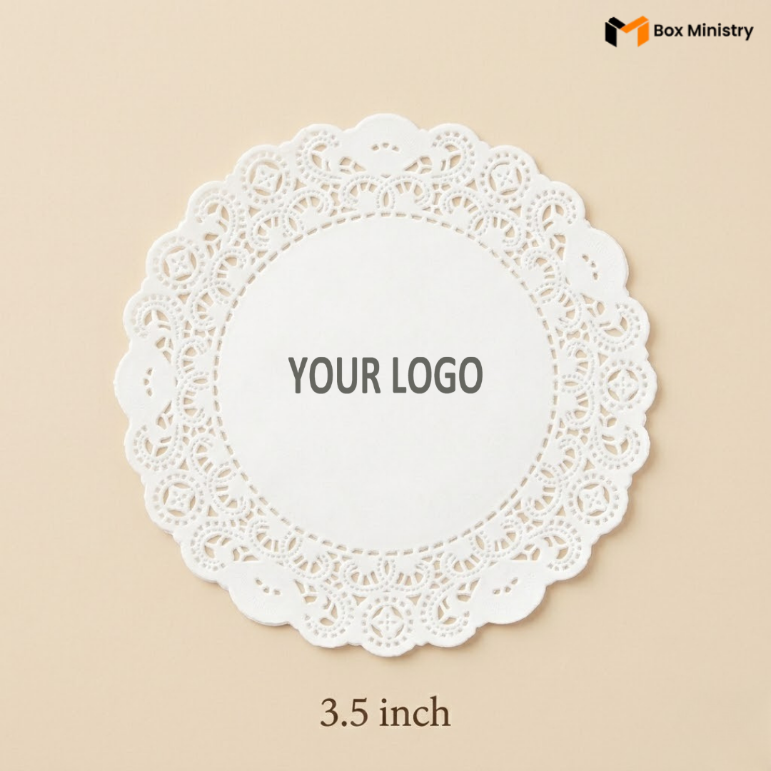 White lace doily with 'Your Logo' placeholder on a beige background, featuring Box Ministry branding.
