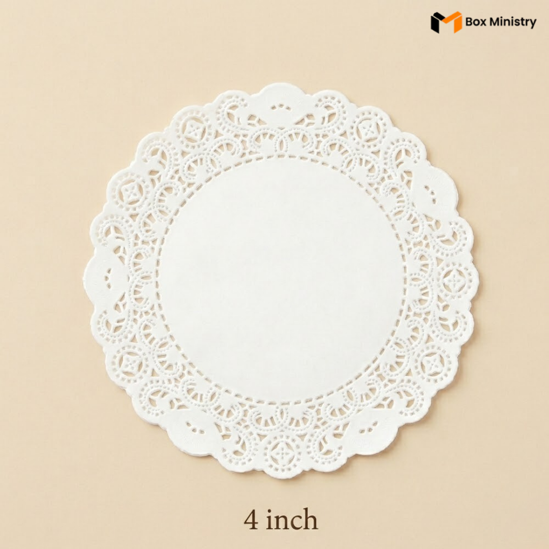 White lace doily on a beige background with 'Box Ministry' branding.