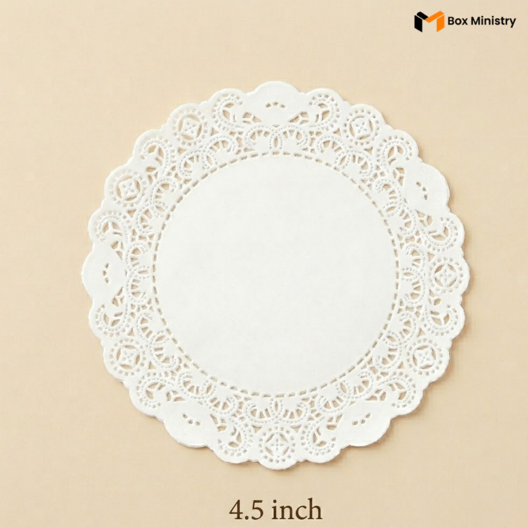 White lace doily on a beige background with 'Box Ministry' branding.