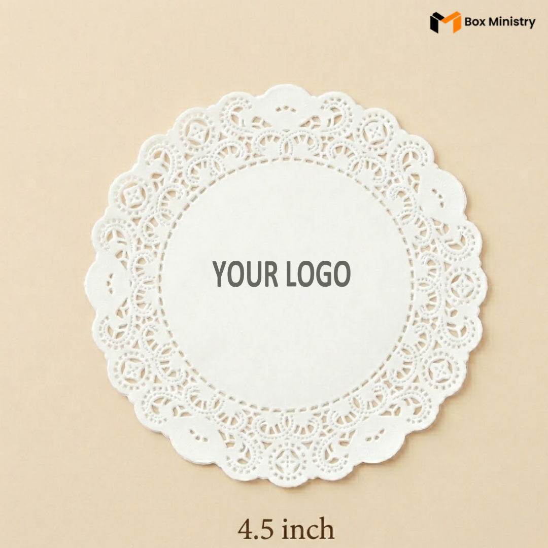White lace doily on a beige background with 'Box Ministry' branding.