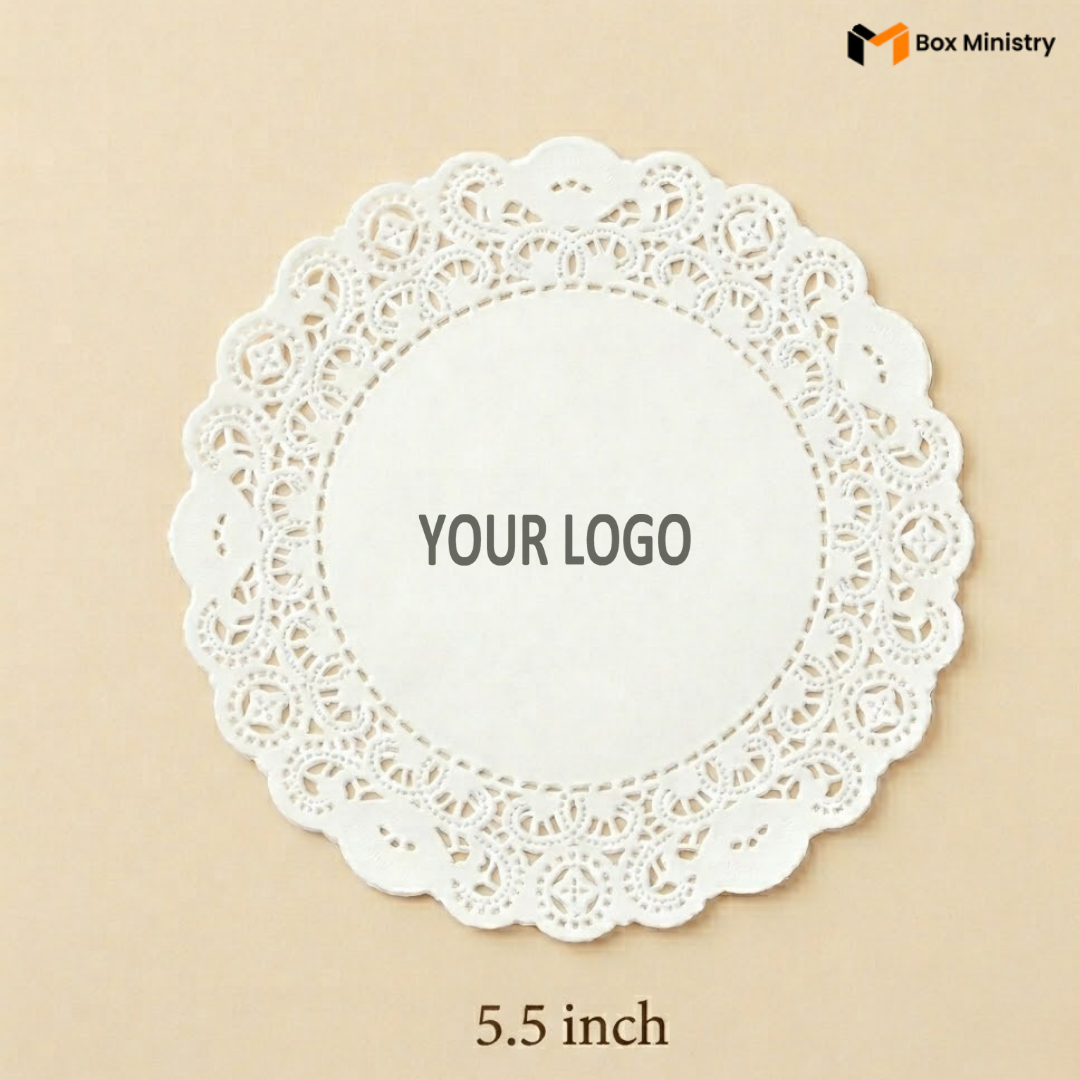 White lace doily with 'Your Logo' placeholder on a beige background