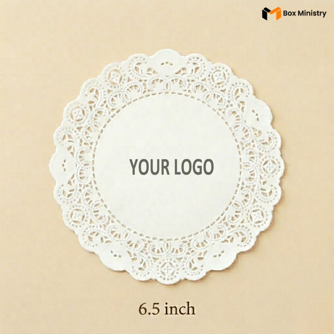 White lace doily with 'Your Logo' placeholder on a beige background