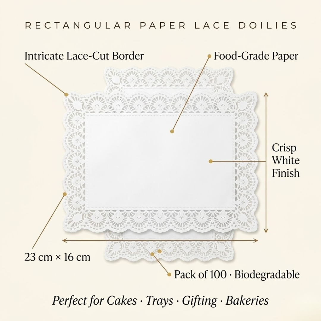 Rectangular paper lace doilies with features highlighted on a beige background