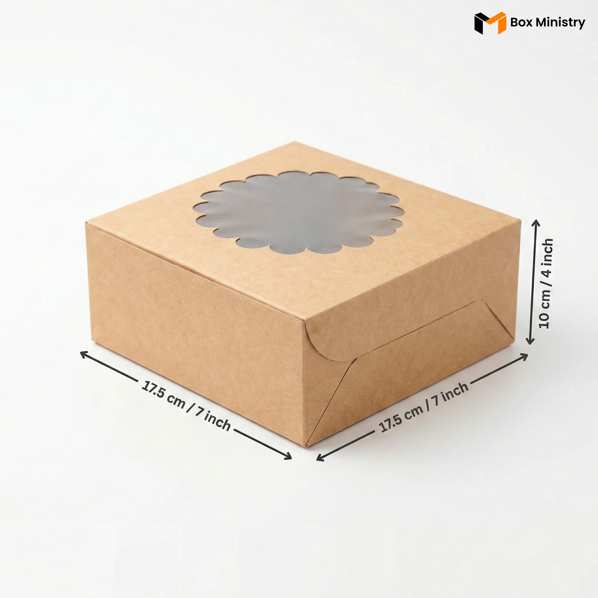 Kraft paper box with window on a white background, featuring dimensions.