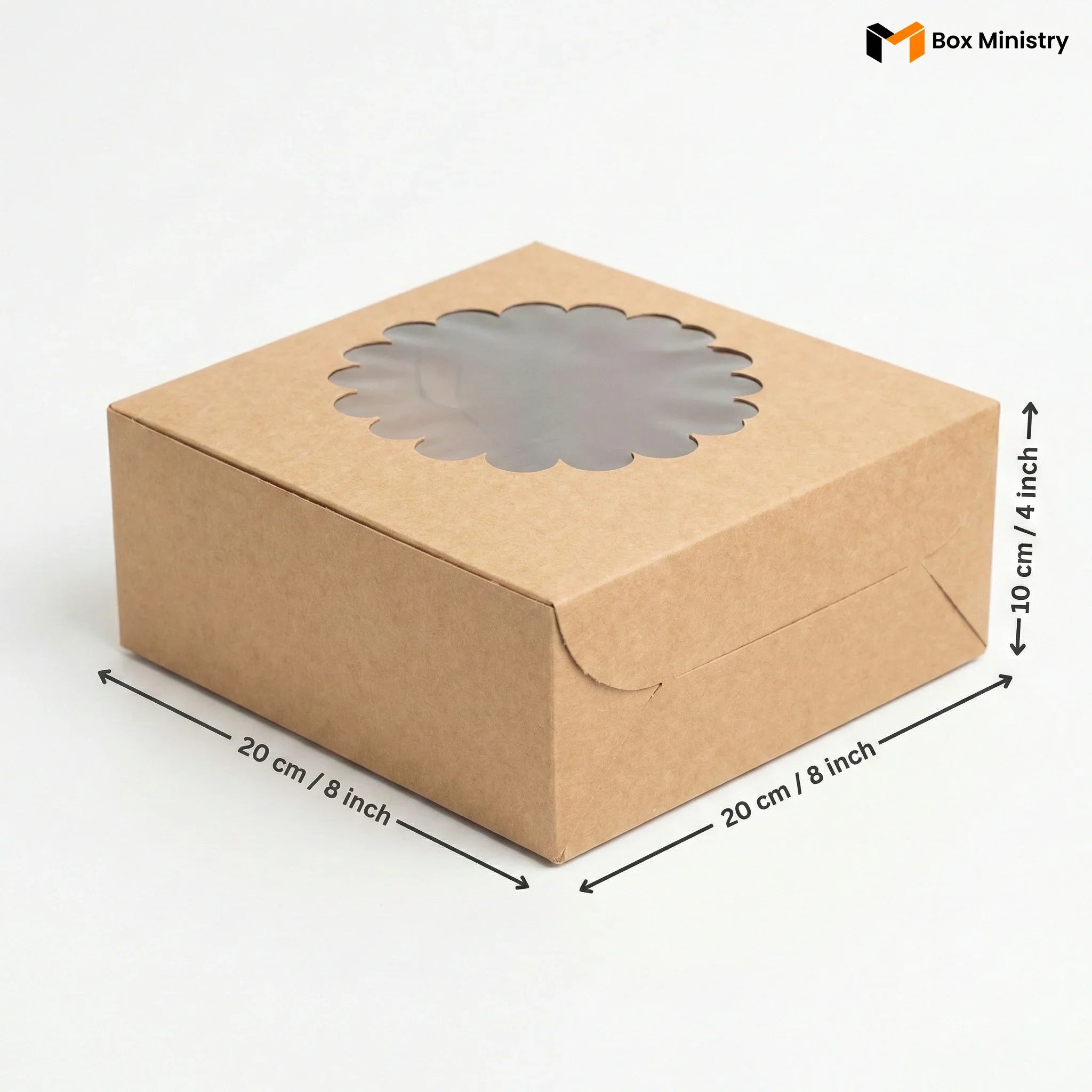 Kraft paper box with window and measurements on a white background