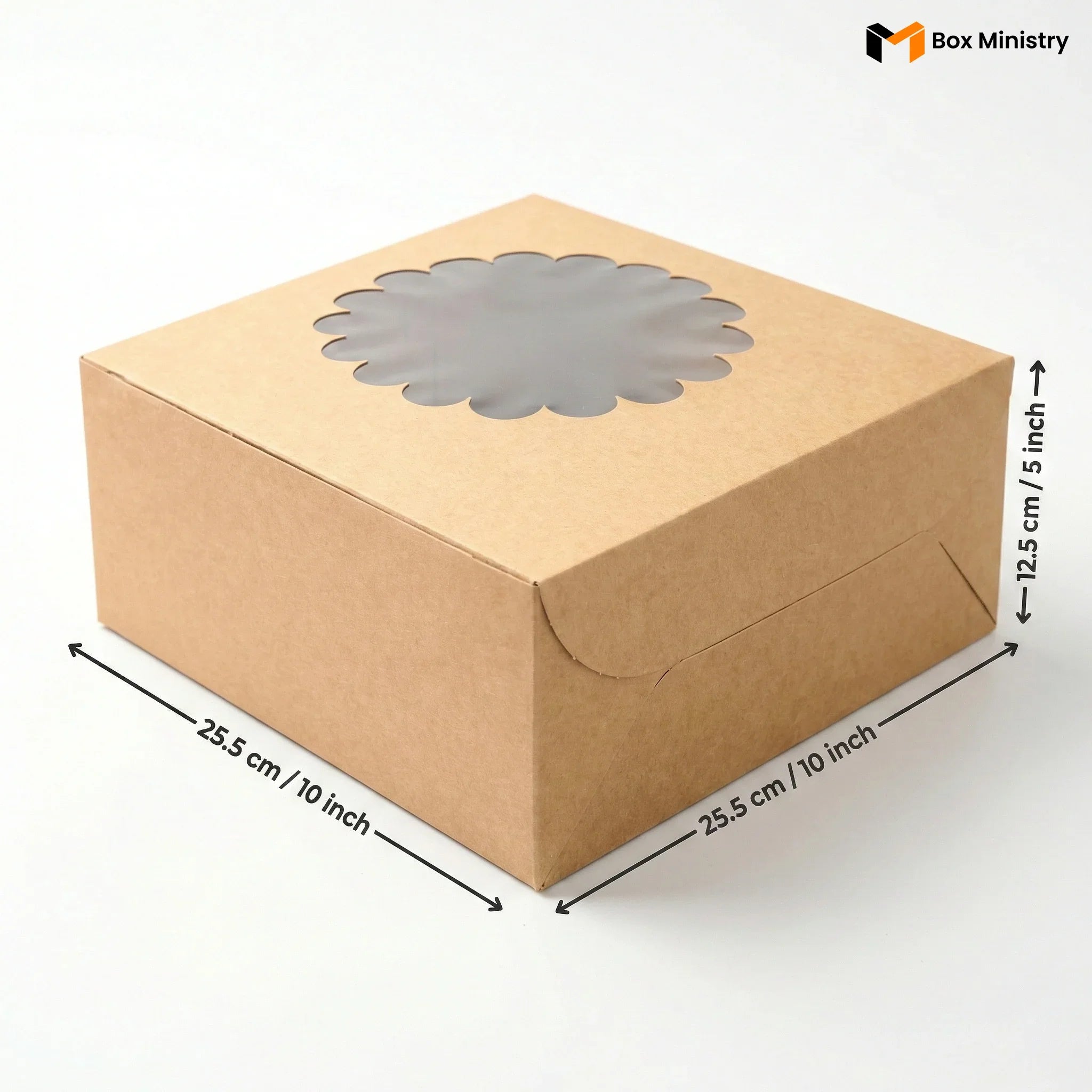 Kraft paper box with a window cutout, showing dimensions on a white background.