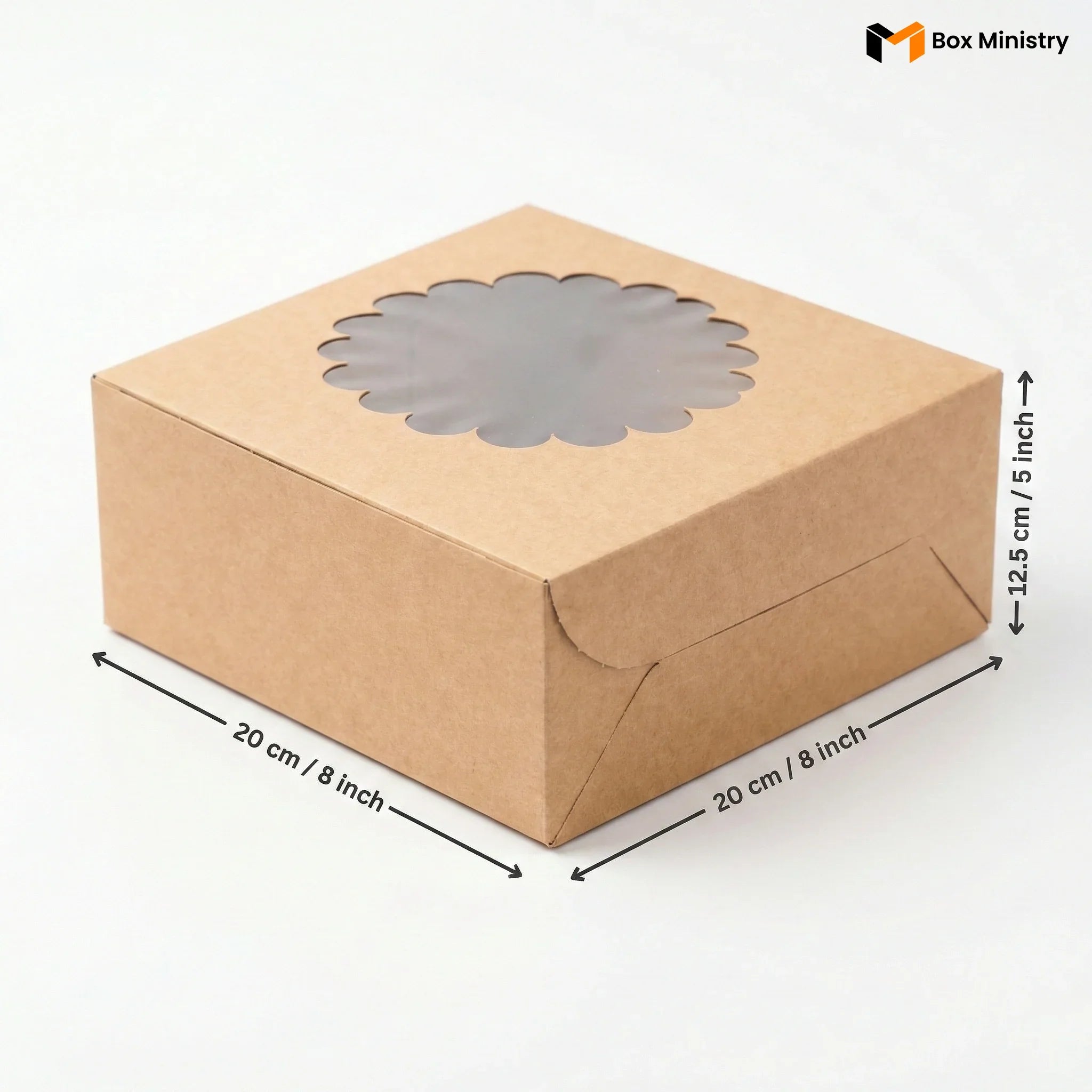 Kraft paper box with window cutout and dimensions labeled, featuring 'Box Ministry' logo.