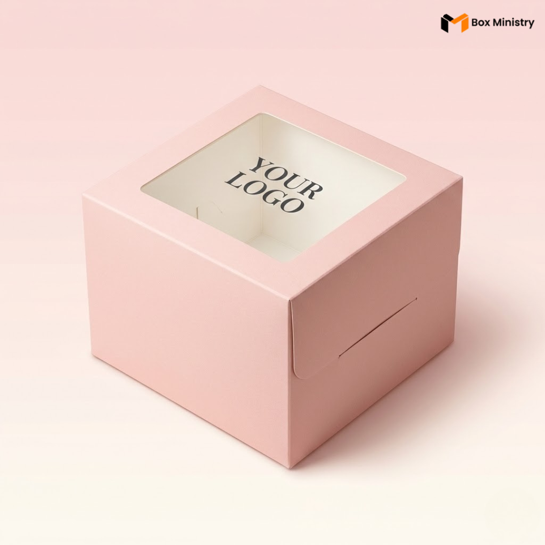 Soft blush pink square cake box with large square clear PVC window on lid showing "YOUR LOGO" text in elegant serif dark charcoal font centered on white interior base, positioned at 3/4 isometric angle, visible tuck-lock flap on right side face, tall upright shape with prominently visible side walls, matte finish, on a soft pale pink to warm white gradient background