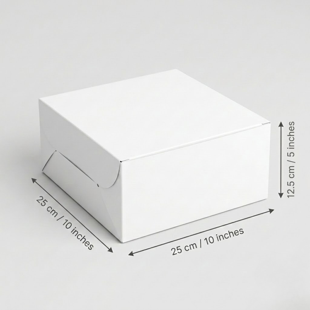 White box with dimensions indicated on a light gray background