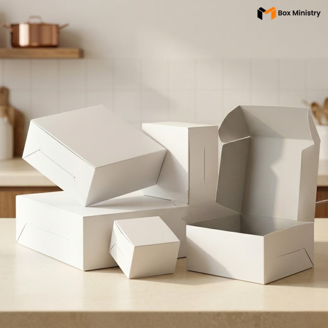 White geometric boxes on a kitchen counter with 'Box Ministry' branding.