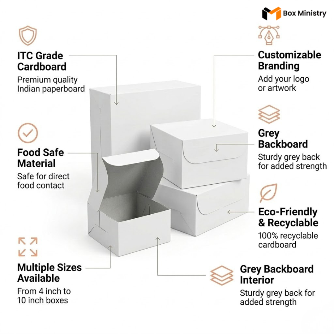 White cardboard boxes with features highlighted on a white background, branded 'Box Ministry'.
