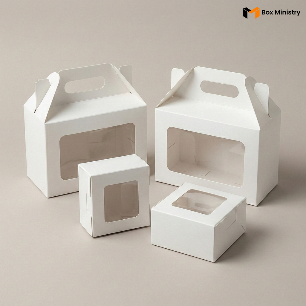 White cupcake boxes stacked and arranged in a group shot showing handle and no-handle styles