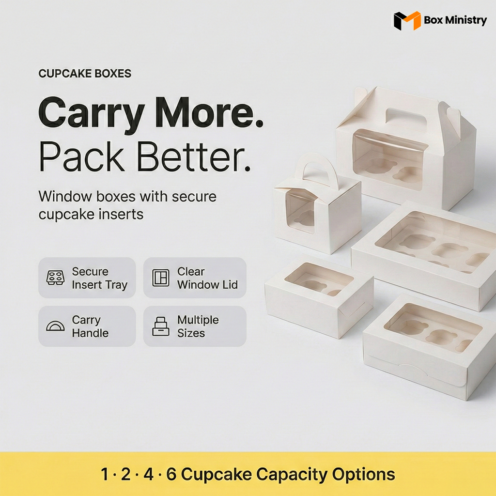 promotional banner showing white cupcake boxes with text Carry More Pack Better on a beige background
