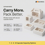 promotional banner showing white cupcake boxes with text Carry More Pack Better on a beige background