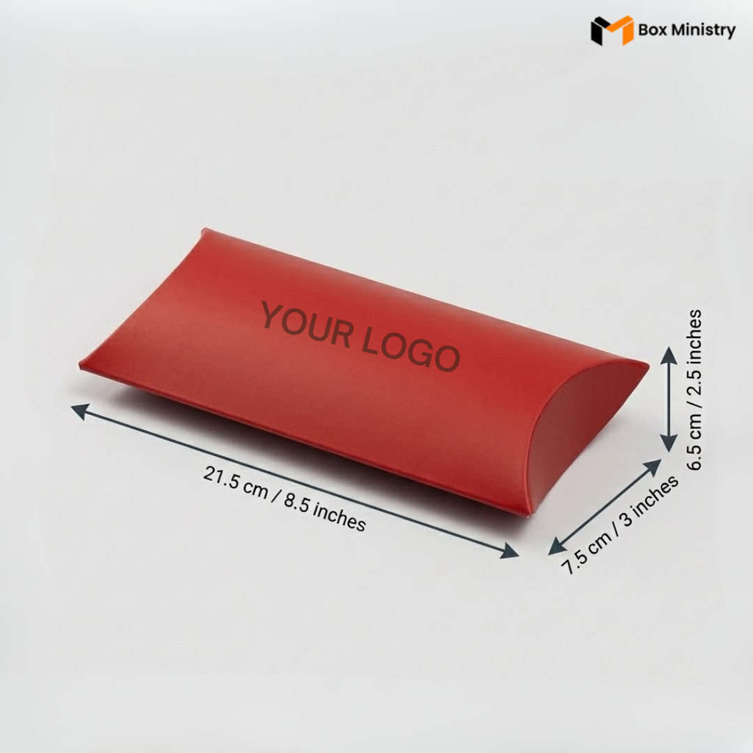 Red pillow box with dimensions and 'Your Logo' placeholder on a white background