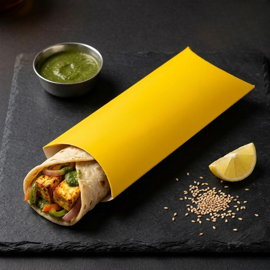 Wrap with yellow paper, green sauce, lemon wedge, and seeds on a dark surface