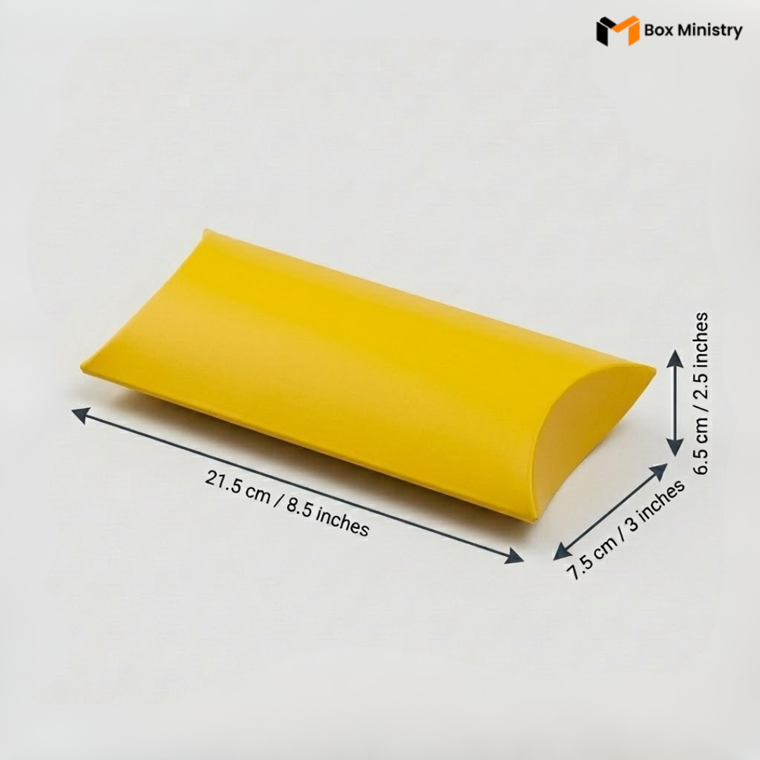 Yellow pillow box with dimensions on a white background