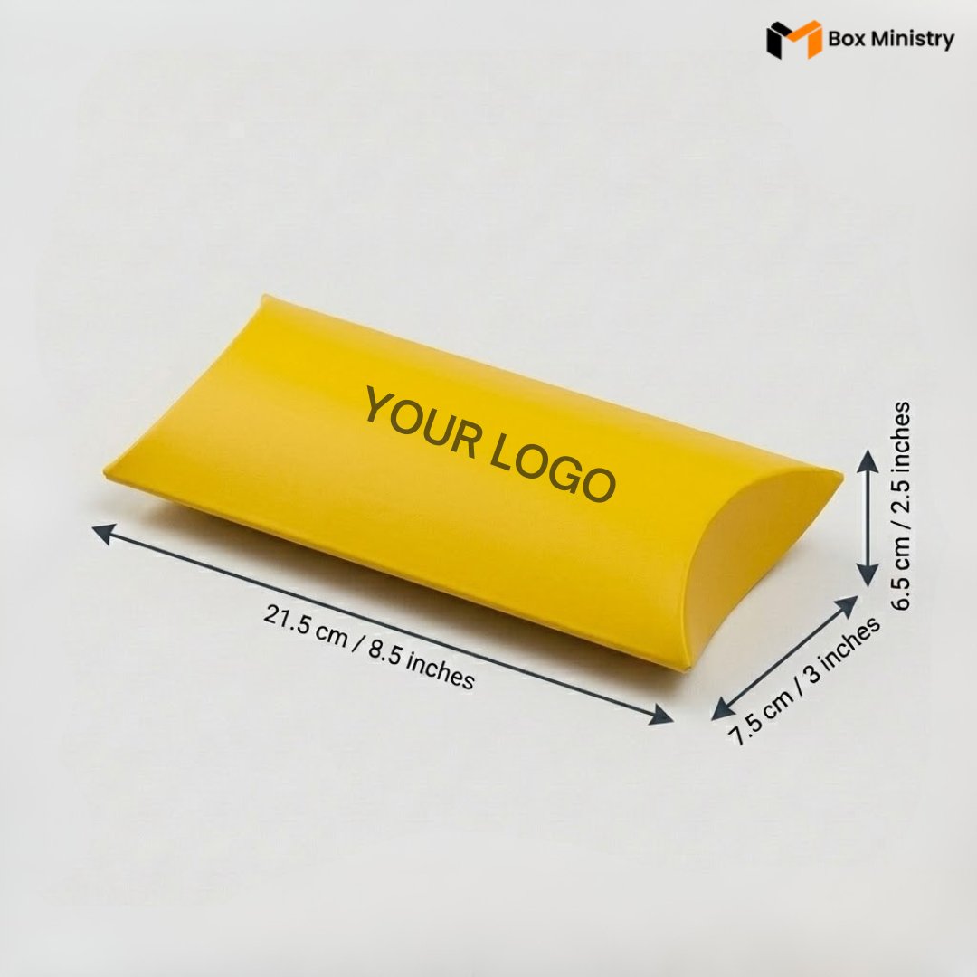 Yellow pillow box with dimensions and 'Your Logo' text on a white background